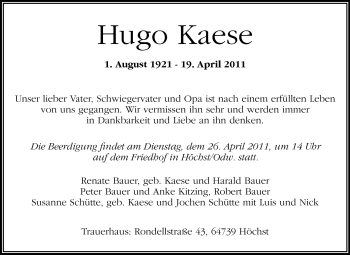 Traueranzeige von Hugo Kaese von Odenwälder Echo