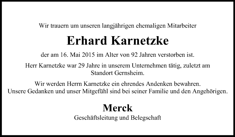  Traueranzeige für Erhard Karnetzke vom 23.05.2015 aus Rüsselsheimer Echo, Groß-Gerauer-Echo, Ried Echo