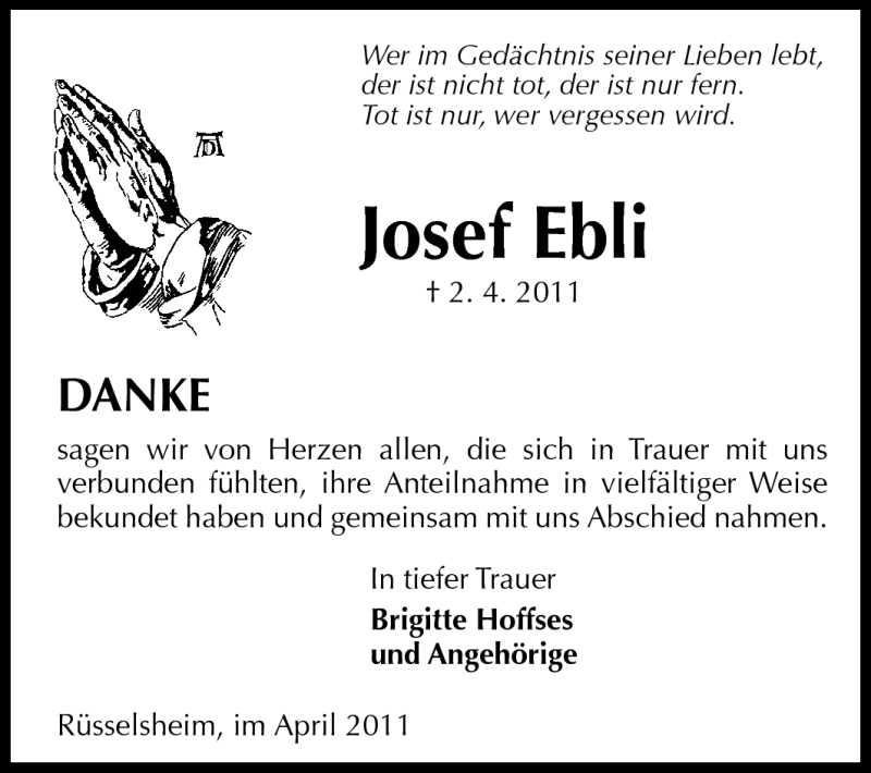  Traueranzeige für Josef Ebli vom 23.04.2011 aus Rüsselsheimer Echo, Groß-Gerauer-Echo, Ried Echo