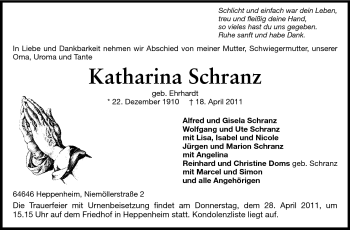 Traueranzeige von Katharina Schranz von Starkenburger Echo