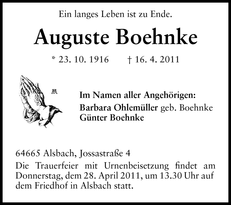  Traueranzeige für Auguste Boehnke vom 23.04.2011 aus Echo-Zeitungen (Gesamtausgabe)