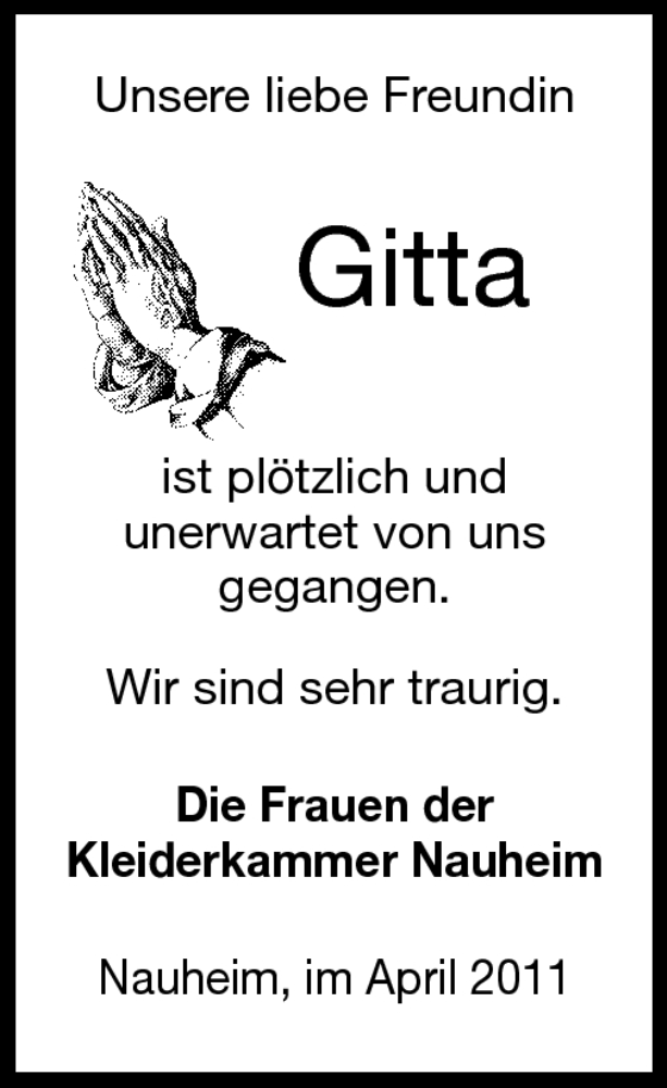  Traueranzeige für Gitta - vom 28.04.2011 aus Rüsselsheimer Echo, Groß-Gerauer-Echo, Ried Echo