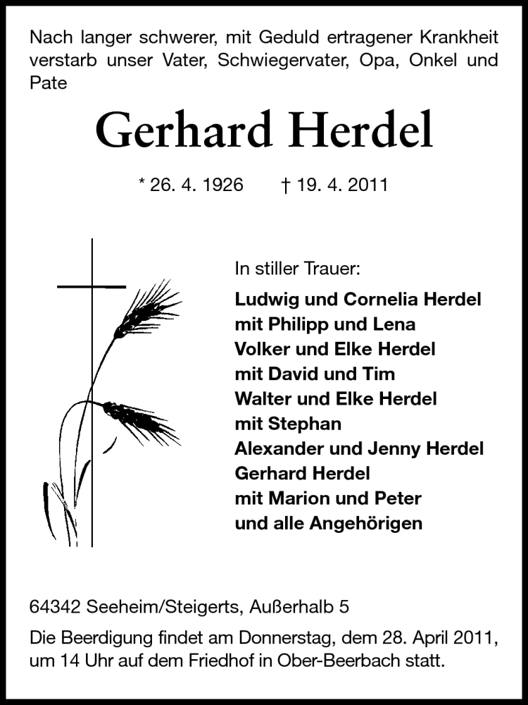  Traueranzeige für Gerhard Herdel vom 23.04.2011 aus Echo-Zeitungen (Gesamtausgabe)