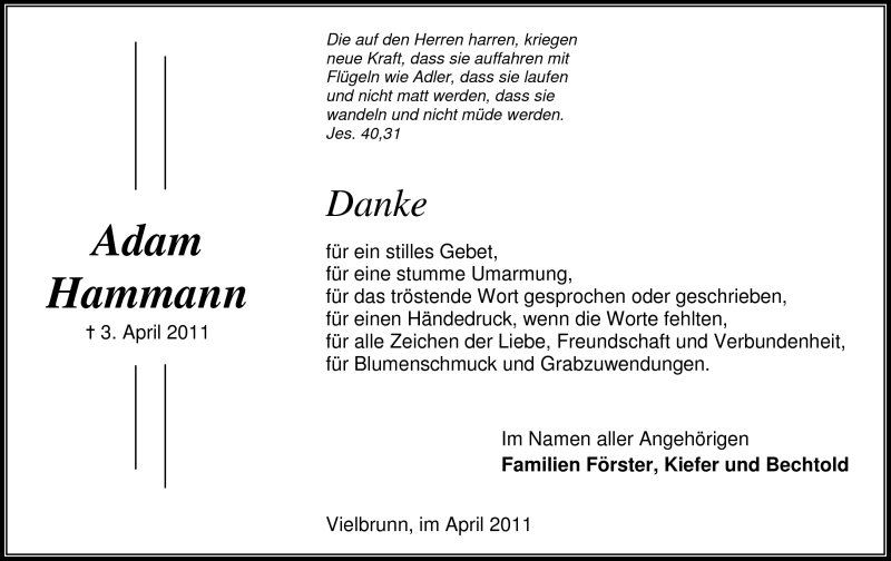  Traueranzeige für Adam Hammann vom 23.04.2011 aus Odenwälder Echo