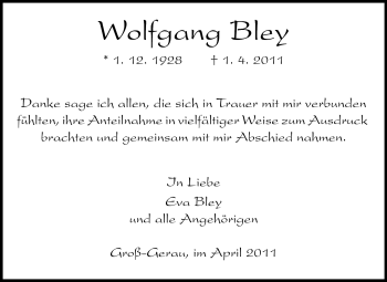 Traueranzeige von Wolfgang Bley von Rüsselsheimer Echo, Groß-Gerauer-Echo, Ried Echo