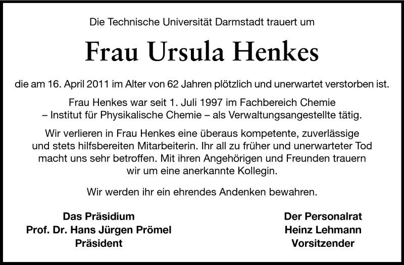  Traueranzeige für Ursula (Ulla) Henkes vom 23.04.2011 aus Echo-Zeitungen (Gesamtausgabe)
