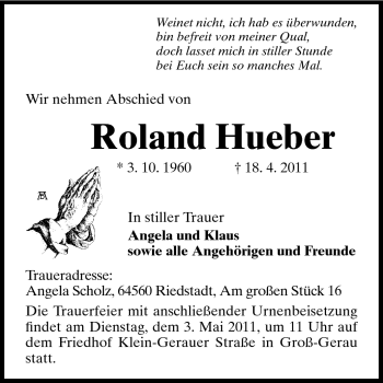 Traueranzeige von Roland Hueber von Rüsselsheimer Echo, Groß-Gerauer-Echo, Ried Echo
