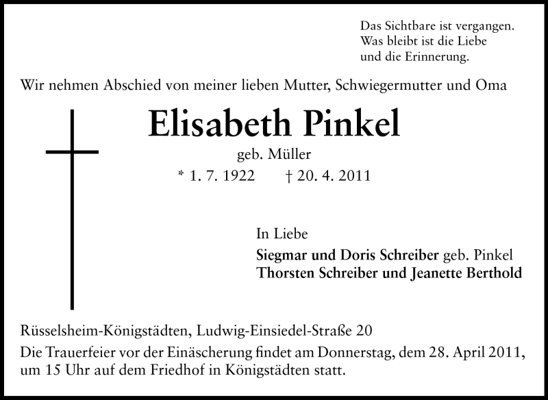  Traueranzeige für Elisabeth Pinkel vom 23.04.2011 aus Rüsselsheimer Echo, Groß-Gerauer-Echo, Ried Echo