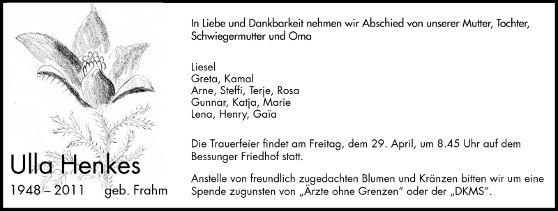  Traueranzeige für Ursula (Ulla) Henkes vom 23.04.2011 aus Darmstädter Echo, Odenwälder Echo, Rüsselsheimer Echo, Groß-Gerauer-Echo, Ried Echo