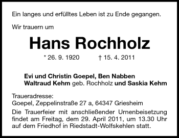 Traueranzeige von Hans Rochholz von Echo-Zeitungen (Gesamtausgabe)