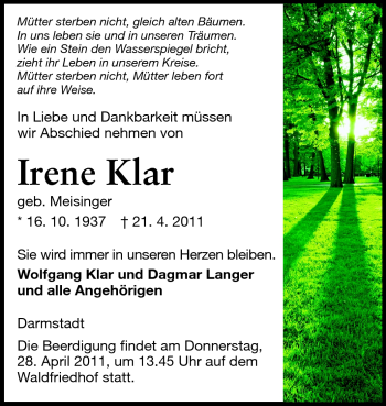Traueranzeige von Irene Klar von Echo-Zeitungen (Gesamtausgabe)