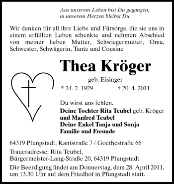 Traueranzeige von Thea Kröger von Echo-Zeitungen (Gesamtausgabe)
