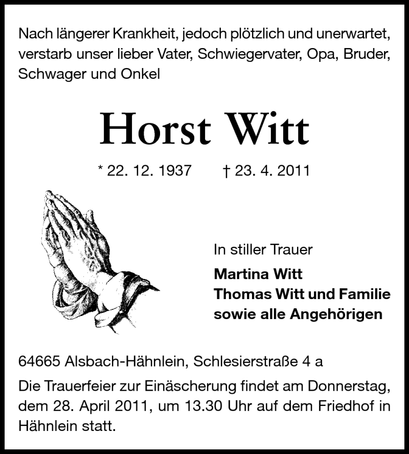  Traueranzeige für Horst Witt vom 26.04.2011 aus Echo-Zeitungen (Gesamtausgabe)
