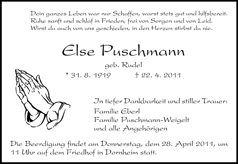  Traueranzeige für Else Puschmann vom 26.04.2011 aus Rüsselsheimer Echo, Groß-Gerauer-Echo, Ried Echo