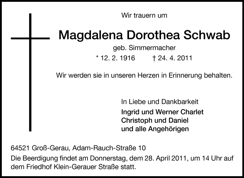  Traueranzeige für Magdalena Dorothea Schwab vom 26.04.2011 aus Rüsselsheimer Echo, Groß-Gerauer-Echo, Ried Echo