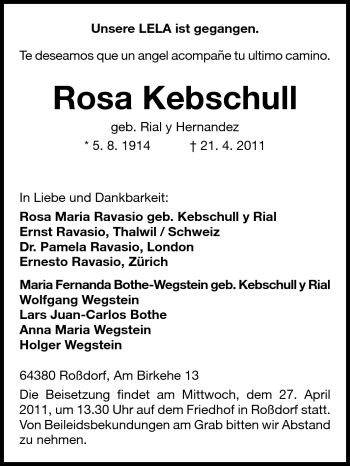 Traueranzeige von Rosa Kebschull von Echo-Zeitungen (Gesamtausgabe)