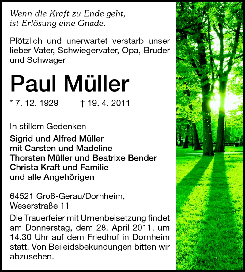  Traueranzeige für Paul Müller vom 26.04.2011 aus Rüsselsheimer Echo, Groß-Gerauer-Echo, Ried Echo