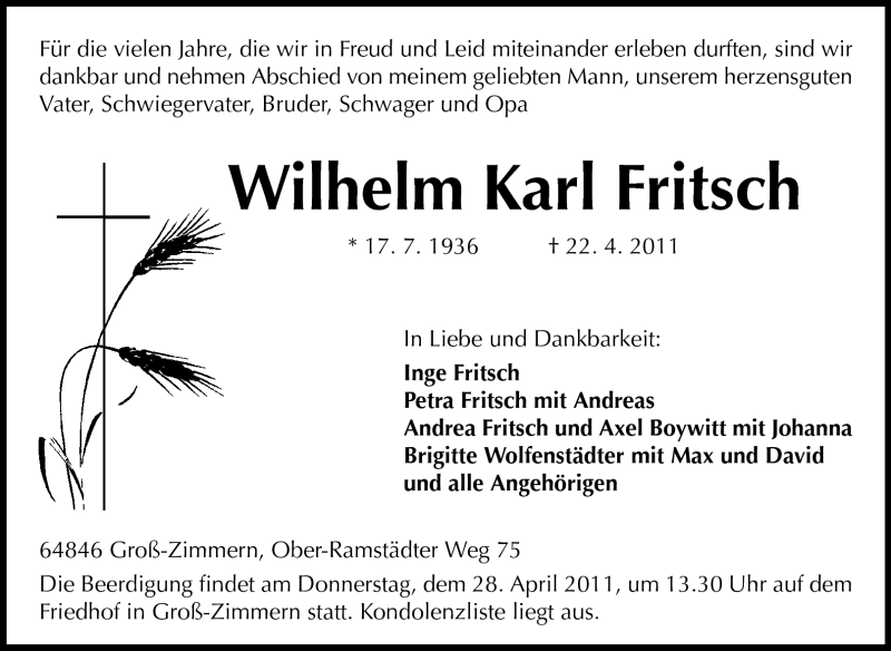  Traueranzeige für Wilhelm Karl Fritsch vom 26.04.2011 aus Echo-Zeitungen (Gesamtausgabe)