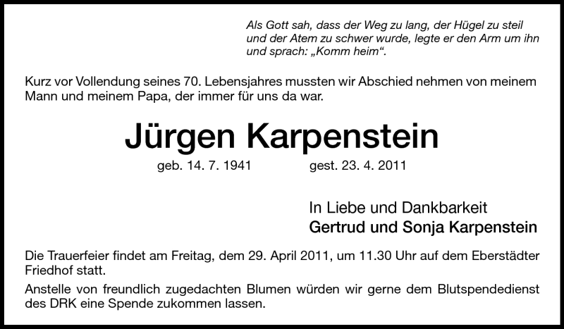  Traueranzeige für Jürgen Karpenstein vom 26.04.2011 aus Echo-Zeitungen (Gesamtausgabe)