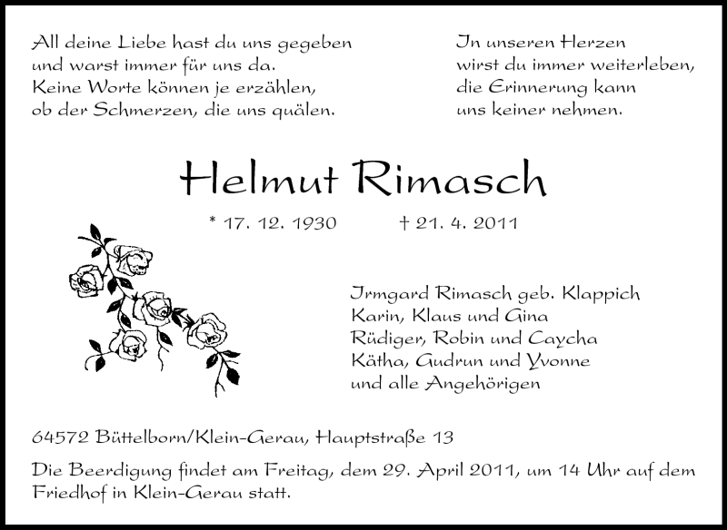  Traueranzeige für Helmut Rimasch vom 27.04.2011 aus Rüsselsheimer Echo, Groß-Gerauer-Echo, Ried Echo