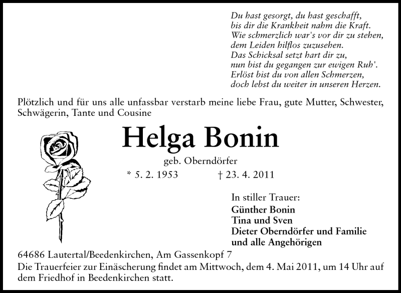  Traueranzeige für Helga Bonin vom 27.04.2011 aus Echo-Zeitungen (Gesamtausgabe)