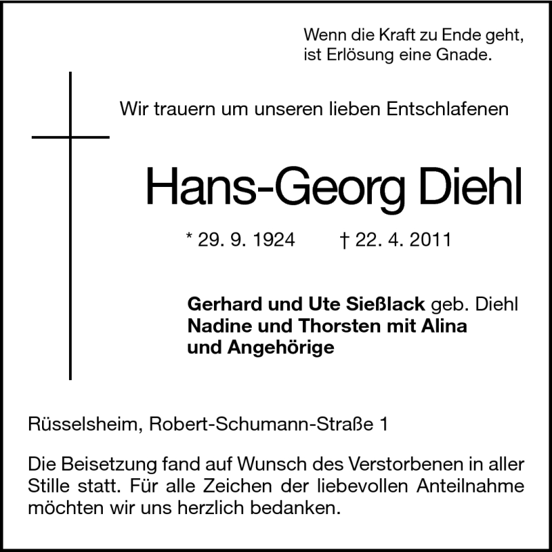  Traueranzeige für Hans-Georg Diehl vom 30.04.2011 aus Rüsselsheimer Echo, Groß-Gerauer-Echo, Ried Echo