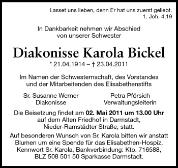 Traueranzeige von Karola Bickel von Echo-Zeitungen (Gesamtausgabe)