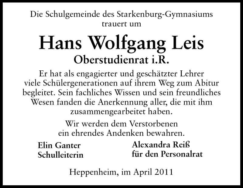  Traueranzeige für Hans Wolfgang Leis vom 27.04.2011 aus Starkenburger Echo