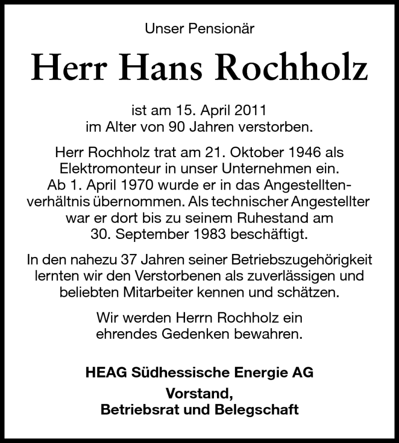  Traueranzeige für Hans Rochholz vom 27.04.2011 aus Echo-Zeitungen (Gesamtausgabe)