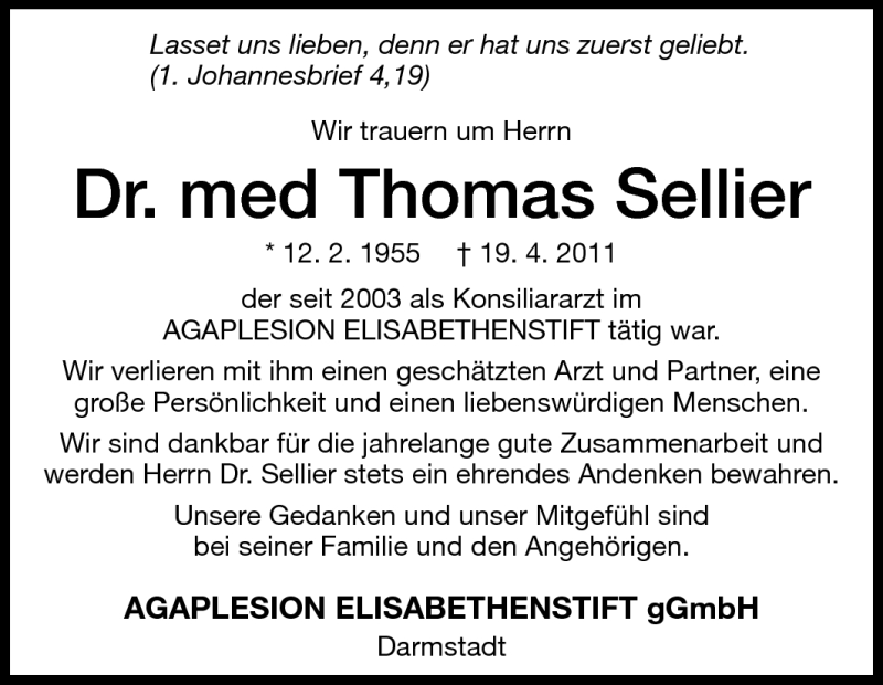  Traueranzeige für Thomas Sellier vom 27.04.2011 aus Echo-Zeitungen (Gesamtausgabe)