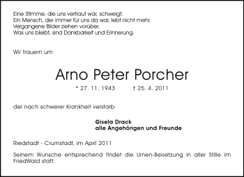 Traueranzeige von Arno Peter Porcher von Echo-Zeitungen (Gesamtausgabe)