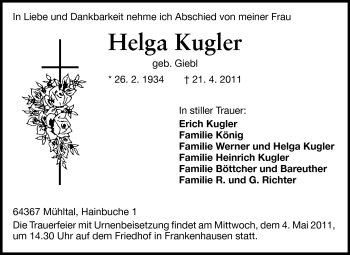 Traueranzeige von Helga Kugel von Echo-Zeitungen (Gesamtausgabe)