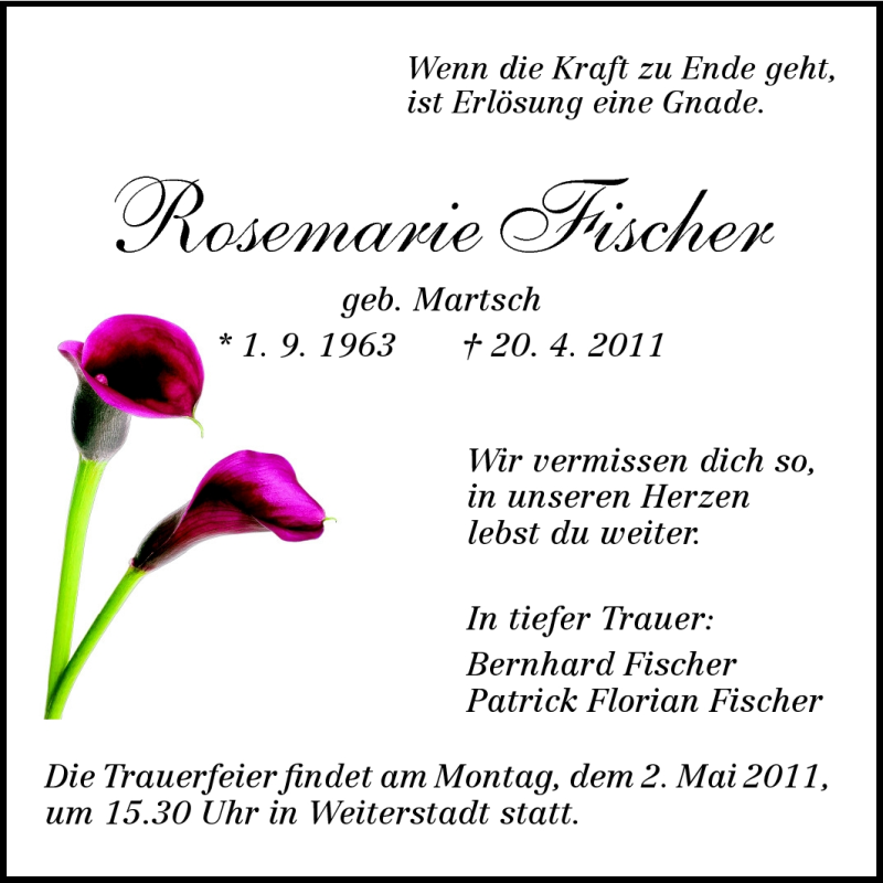  Traueranzeige für Rosemarie Fischer vom 30.04.2011 aus Echo-Zeitungen (Gesamtausgabe)