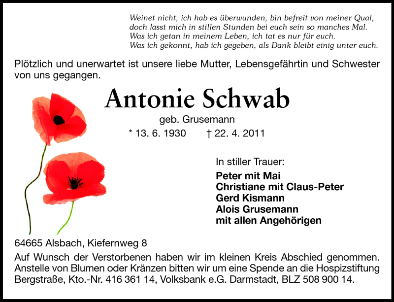  Traueranzeige für Antonie Schwab vom 30.04.2011 aus Echo-Zeitungen (Gesamtausgabe)