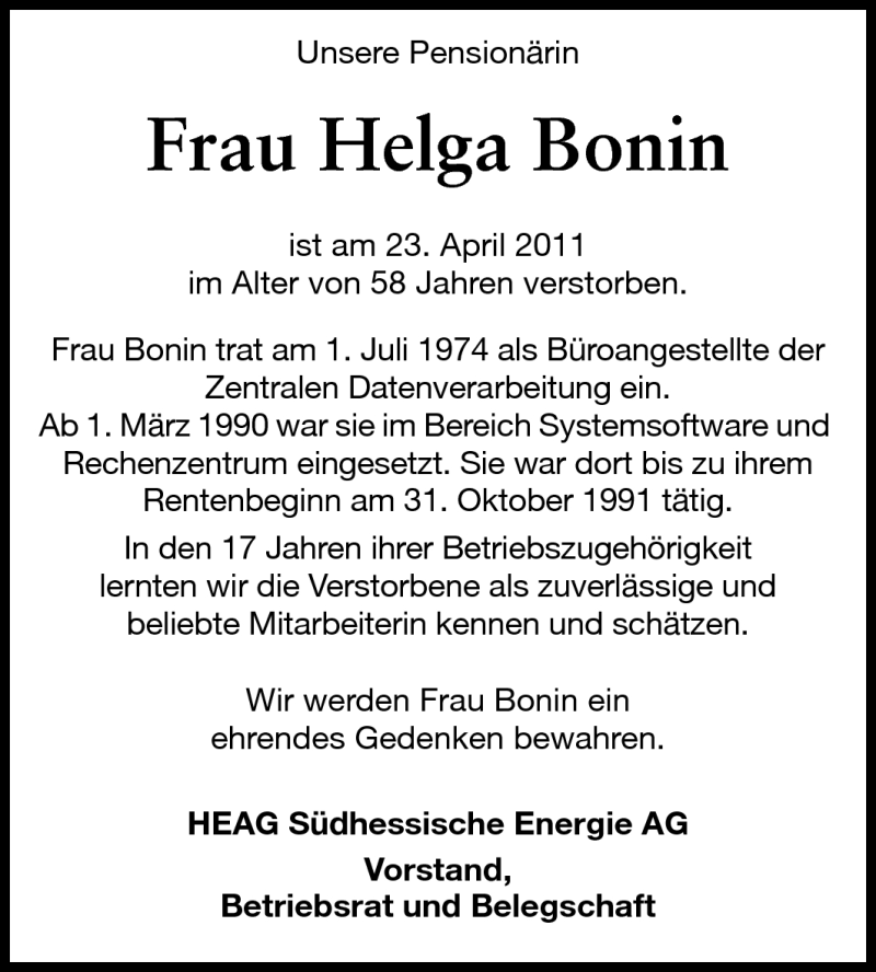  Traueranzeige für Helga Bonin vom 28.04.2011 aus Echo-Zeitungen (Gesamtausgabe)