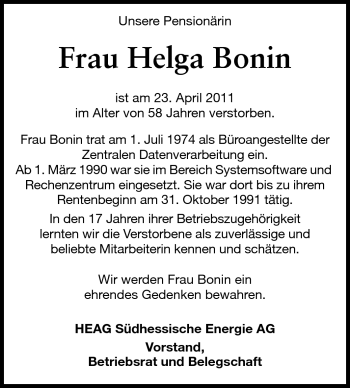 Traueranzeige von Helga Bonin von Echo-Zeitungen (Gesamtausgabe)