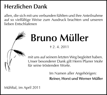Traueranzeige von Bruno Müller von Echo-Zeitungen (Gesamtausgabe)