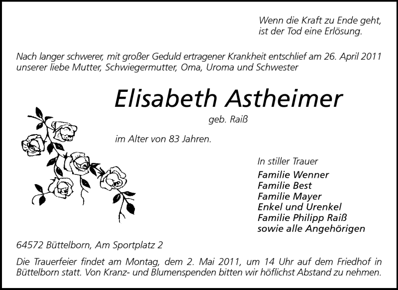  Traueranzeige für Elisabeth Astheimer vom 29.04.2011 aus Rüsselsheimer Echo, Groß-Gerauer-Echo, Ried Echo
