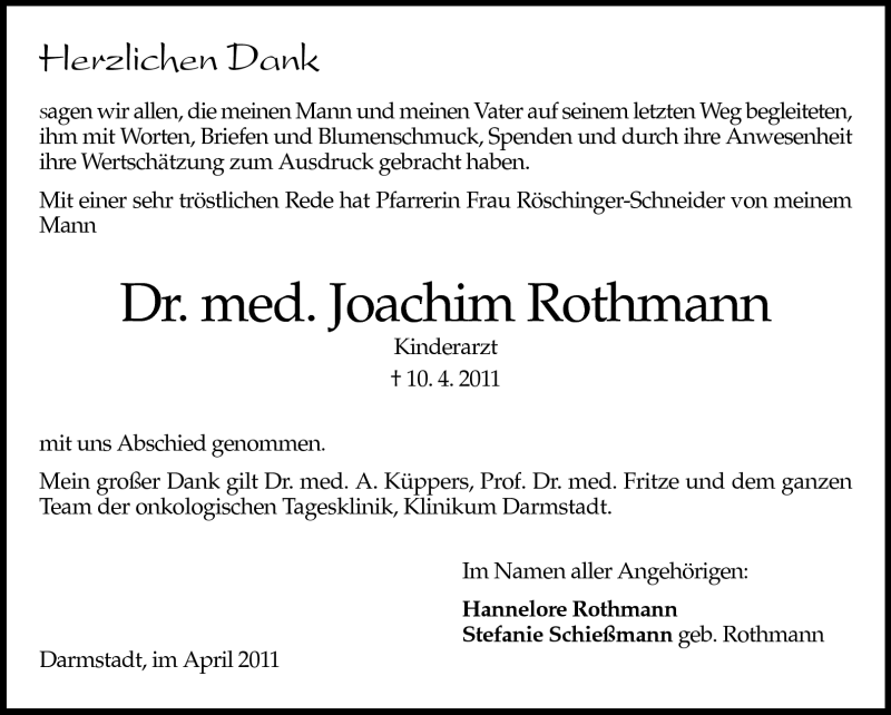 Traueranzeige für Joachim Rothmann vom 30.04.2011 aus Darmstädter Echo, Odenwälder Echo, Rüsselsheimer Echo, Groß-Gerauer-Echo, Ried Echo