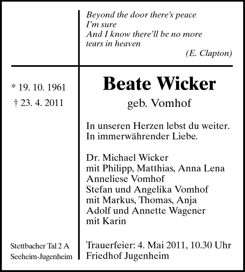  Traueranzeige für Beate Wicker vom 30.04.2011 aus Echo-Zeitungen (Gesamtausgabe)