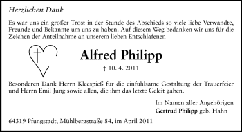 Traueranzeige von Alfred Philipp von Echo-Zeitungen (Gesamtausgabe)