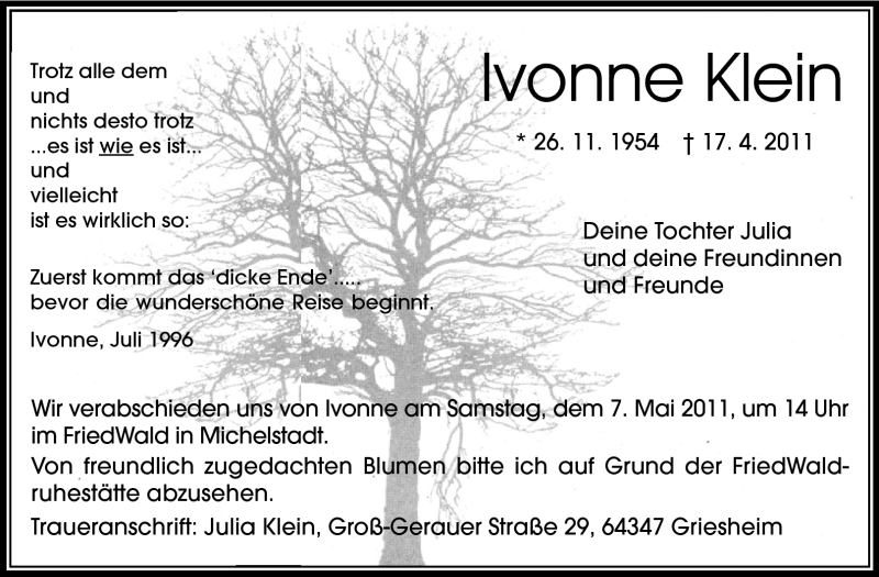  Traueranzeige für Ivonne Klein vom 30.04.2011 aus Echo-Zeitungen (Gesamtausgabe)