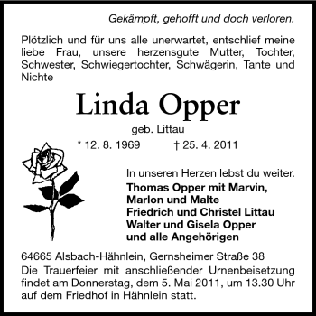 Traueranzeige von Linda Opper von Echo-Zeitungen (Gesamtausgabe)