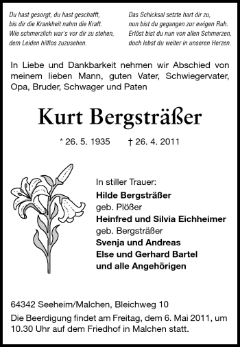 Traueranzeige von Kurt Bergsträßer von Echo-Zeitungen (Gesamtausgabe)