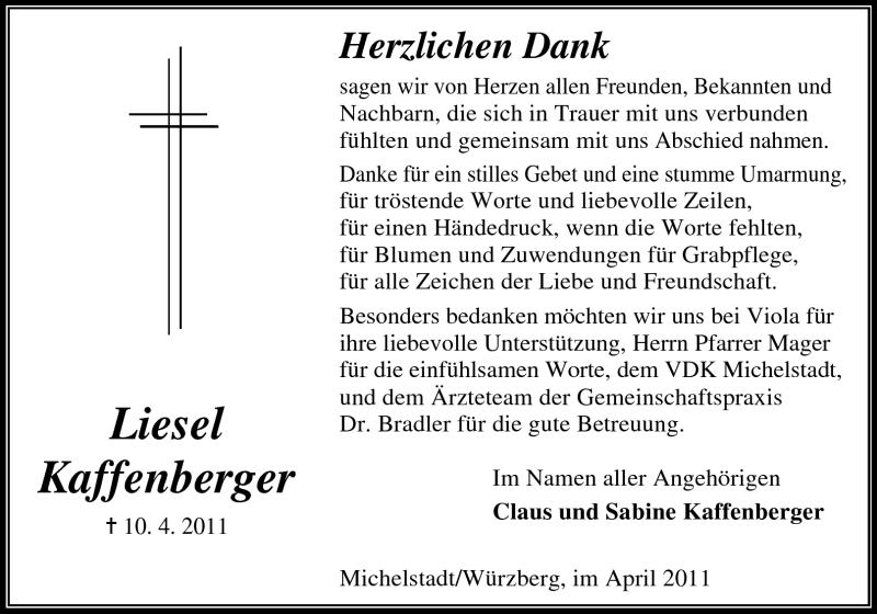 Traueranzeige für Liesel Kaffenberger vom 30.04.2011 aus Odenwälder Echo