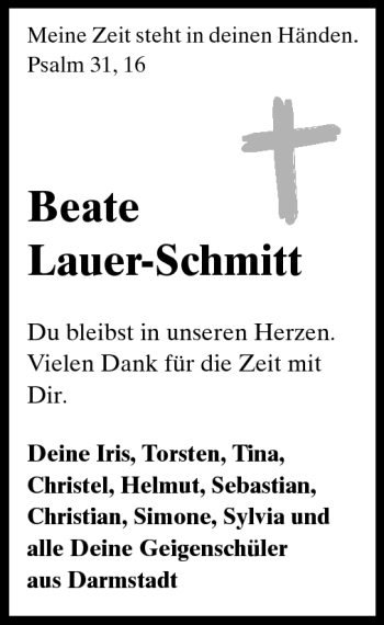 Traueranzeige von Beate Lauer-Schmitt von Echo-Zeitungen (Gesamtausgabe)