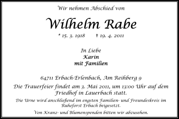 Traueranzeige von Wilhelm Rabe von Odenwälder Echo