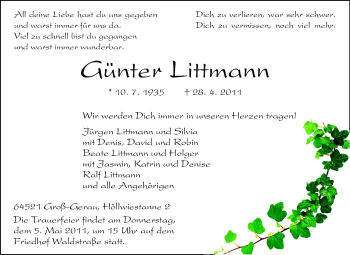 Traueranzeige von Günter Littmann von Rüsselsheimer Echo, Groß-Gerauer-Echo, Ried Echo