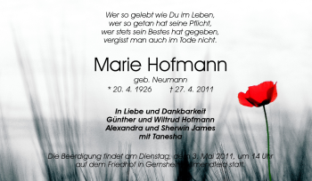 Traueranzeige von Marie Hofmann von Rüsselsheimer Echo, Groß-Gerauer-Echo, Ried Echo