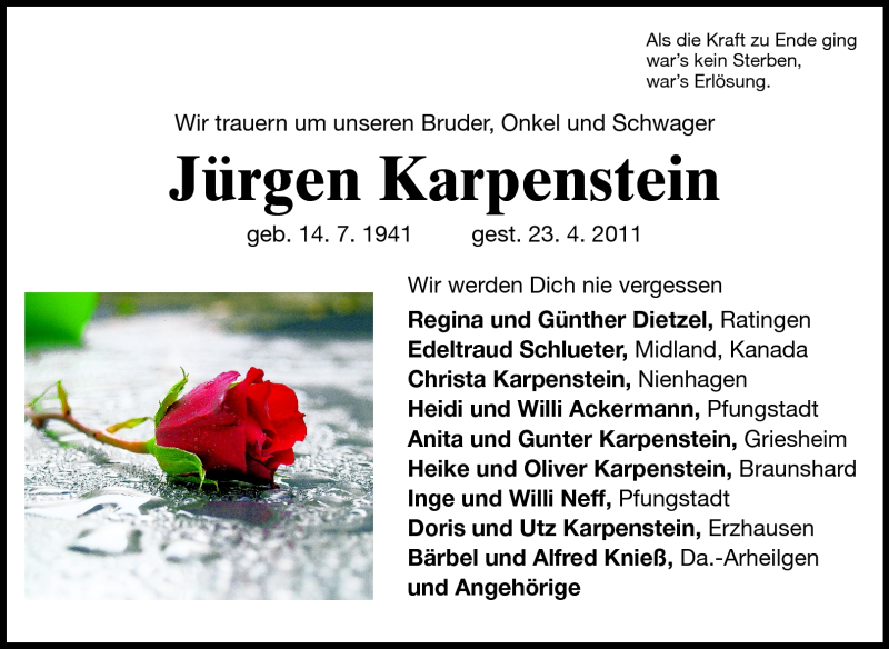  Traueranzeige für Jürgen Karpenstein vom 30.04.2011 aus Echo-Zeitungen (Gesamtausgabe)